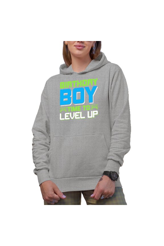 Birthday Boy Time to Level Up, Video Gamer's Bday, Heather Grey Hooded Sweatshirt or Hoodie, Small