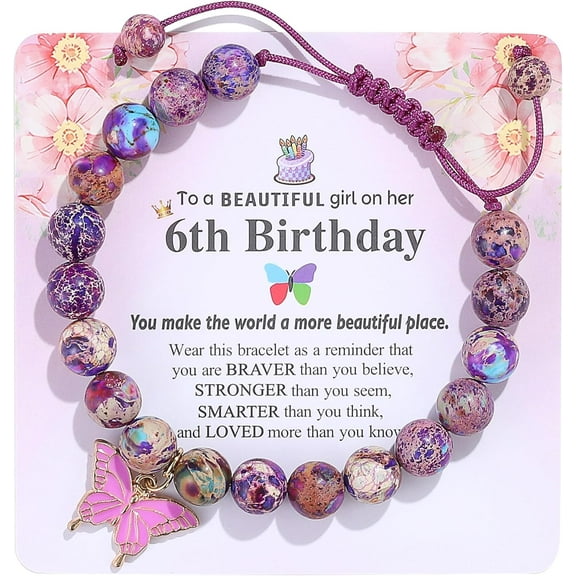 Birthday Bracelet for 6-18 Years Old, Purple Natural Stone Butterfly Charm Bracelet, Gift for Daughter Granddaughter Niece Niece Teenage Girl Holiday Bracelet Gift