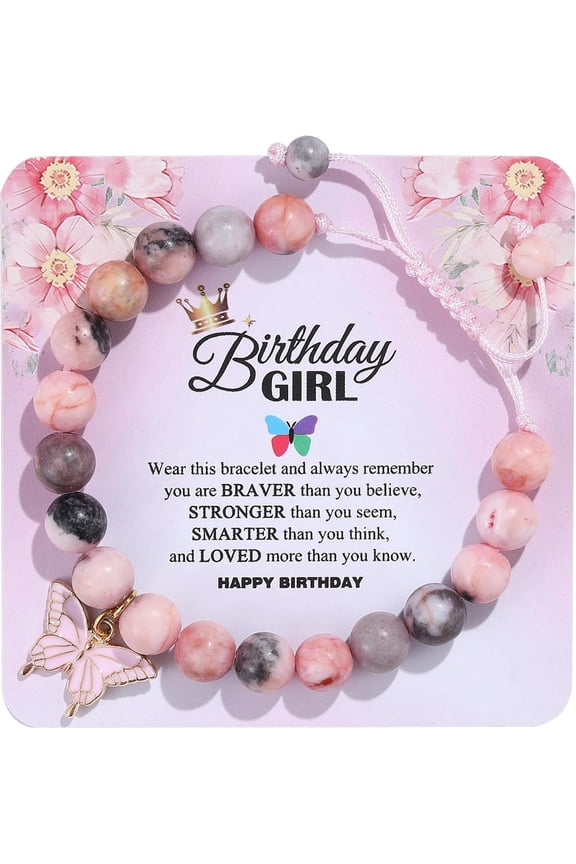 Birthday Bracelet Gift for Girls 6-13 Years Old, Pink Zebra Natural Stone Butterfly Charm Bracelet for Daughter Granddaughter Niece Teenage Girl Birthday Gift