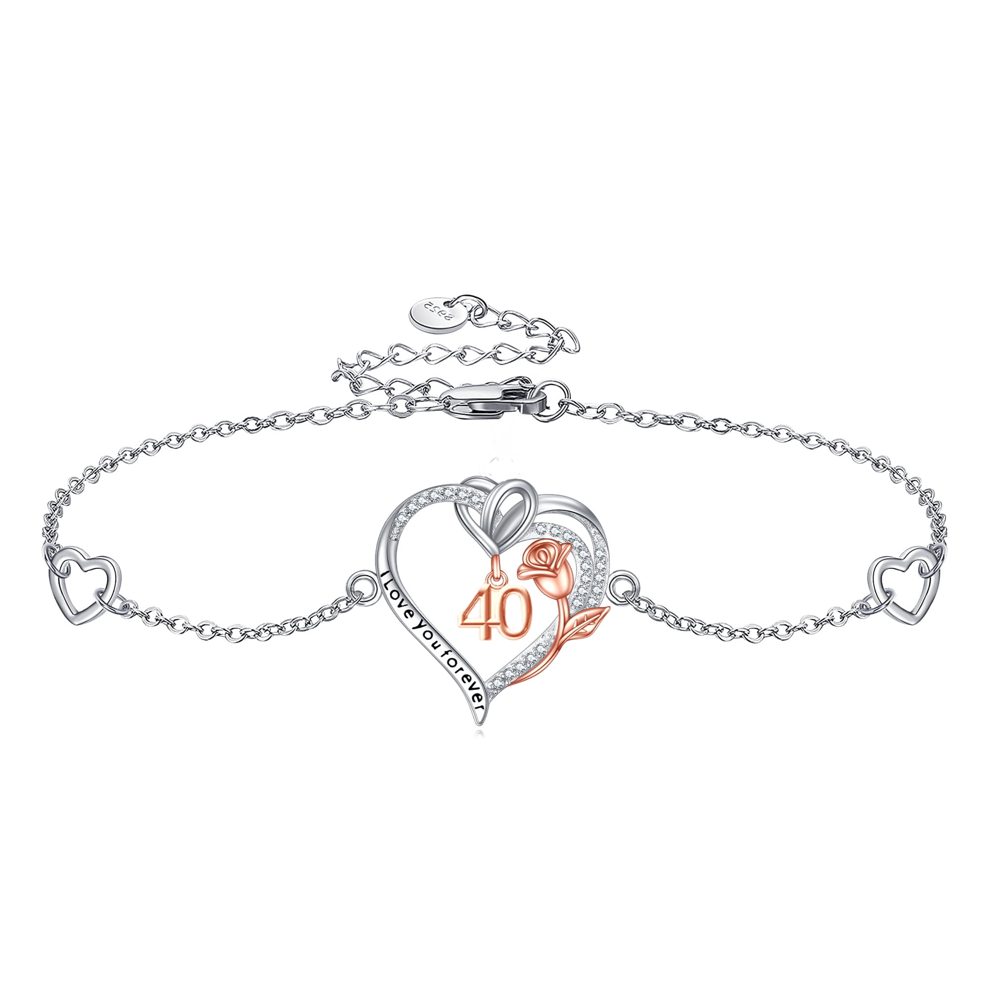 Birthday Bracelet Sterling Silver 40th Birthday Bracelet Heart Rose Flower Birthday Jewelry for Women Mothers Day Christmas Gifts
