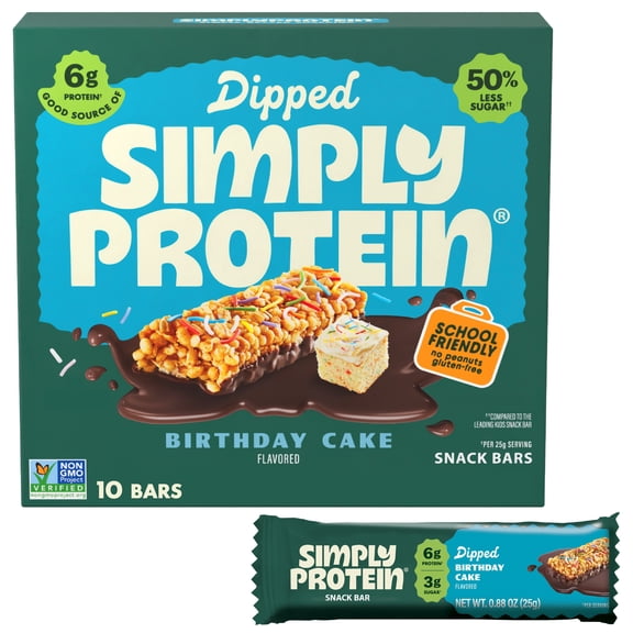 Simply Protein Dipped Protein Bar, Birthday Cake, 6g Protein, Gluten-Free, 20-Pack