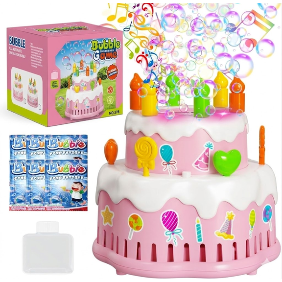 Birthday Cake Bubble Machine for Parties, Automatic Bubble Blower for Ki-d-s 10000+ Bubbles Per Minute with Lights/Music/Solution, Party Cake Bubble Maker Toys for Birthday Outdoor Wedding Gift