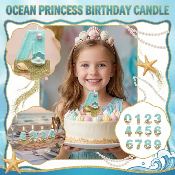 Birthday Cake Candle, Mermaid Theme Birthday Decorations, Teal Birthday Decorations, Seashell Party Decor, Glitter Number 4 Figure Candle with Pearl and Seashell Detail for