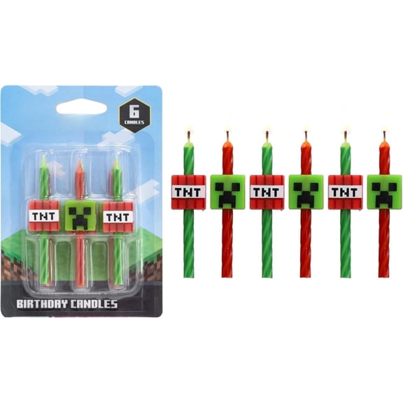 Birthday Cake Candles | 6 Birthday Candles for Cake Decorations, Red & Green Striped Candles, Cake Toppers for Minecraft Party