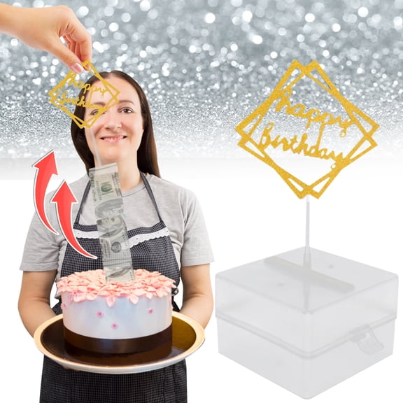 Birthday Cake Decor Set, Gold Happy Birthday Cake Topper, Birthday Money Pull Box, Money Box for Cash Gift, Clear Plastic Hidden Storage Money Holder That Fits Standard Cake