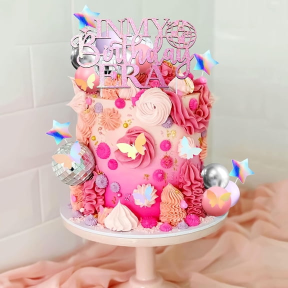 Birthday Cake Decoration Set - 39-piece Party Baking Accessories with Pink and Purple Gradient 3D Insert Cards, Disco Balls, Rainbows and Butterflies