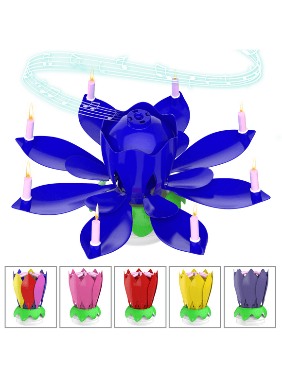 Birthday Cake Flower Candles with Happy Birthday Music Rotating Setup - Blue