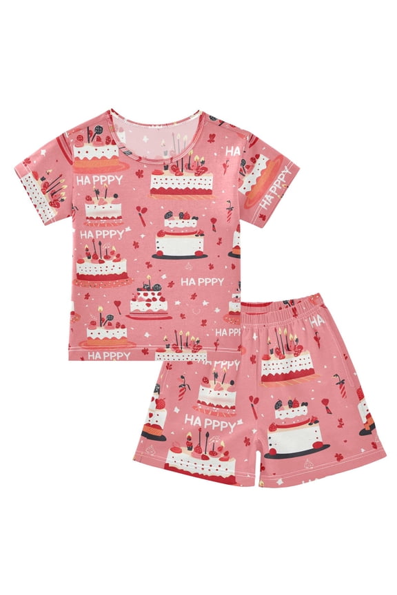 Birthday Cake Pattern Summer Pajama Set Soft Cotton Short Sleeve Sleepwear 2PCS Pajama Sets Breathable Lounge Set Size 6Y