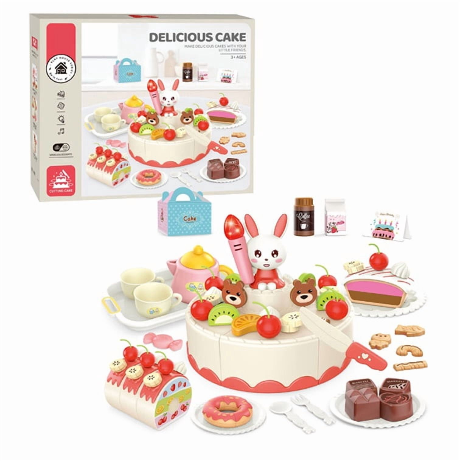 Tea Party Set for Little Girls 85pcs ,Birthday Cake Toy with Lights & Sounds Pretend Play Cutting Food Toys with Donuts, Milk, Teapot, Dessert Tea Party Accessories Gift +3 by Mundo Toys