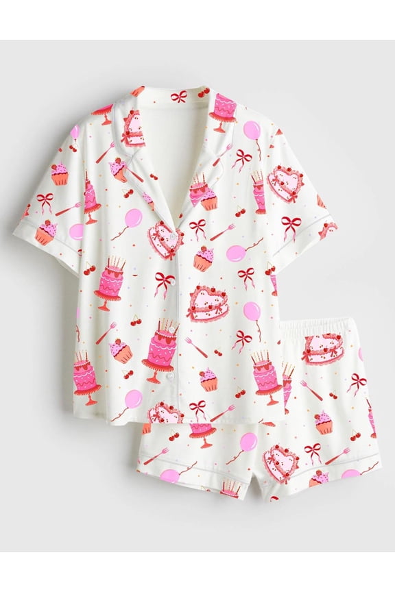 Birthday Cake Satin Pajama Set, Pink Party Print Sleepwear, Birthday Gift