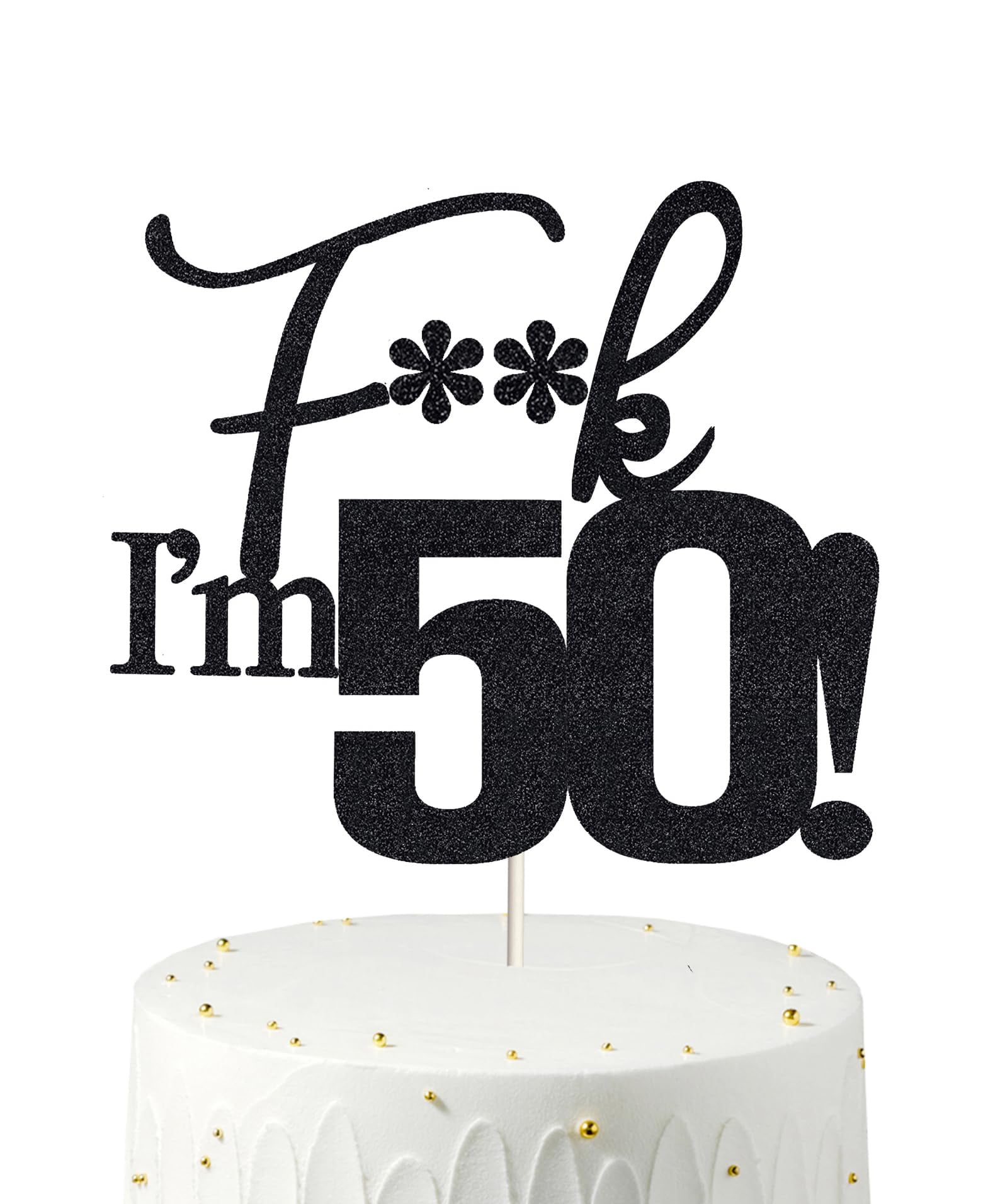 50th Birthday Cake Topper - Black Double Sided Glitter "Fifty", 7.3" Wide, 50th Birthday Decorations