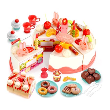 Birthday Cake Toy with Lights and Music,Pretend Play Cutting Food Toys, Kids Kitchen Playset with Tea Set, Candles, Dessert, Dount, Educational Toys Gifts for 3 4 5 6 Year Old Girls