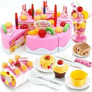 Mundo Toys Pretend Birthday Cake Play Food Set, 75-Piece Pink Cutting Cake Set, Ages 3+