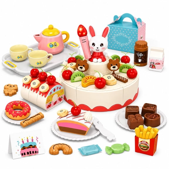 Mundo Toys Birthday Cake Toy Set, 85 Pieces Pretend Play Food Dessert Kitchen Toy for Kids Ages 3+