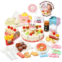 Birthday Cake Toy Play Food Set 85 Pieces Plastic Kitchen Cutting Toy Pretend Play Mundo Toys