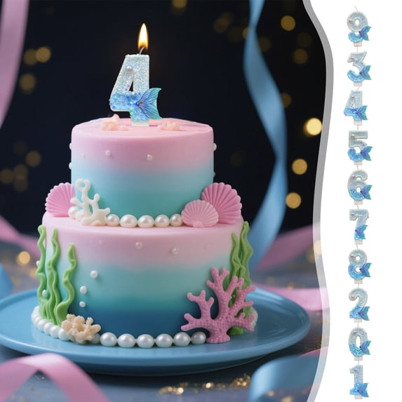 Birthday Candle for Cake, Glitter Celebration Candles Number 4, Happy Birthday Candle, Mermaid Tail Themed Cake Topper Decoration for Kids Adults Birthday Christmas Anniversary Party Supplies