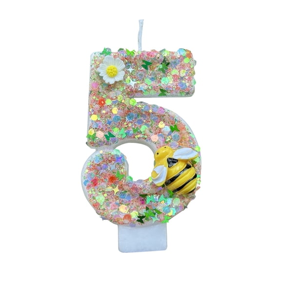 Birthday Candle, Glitter Number 5 Bumble Bee Themed with Daisy Decor, 1 Candle 1 Holder 1 Stem Set, for 5th Kids Bee Themed Birthday Party Cake Decoration Celebration