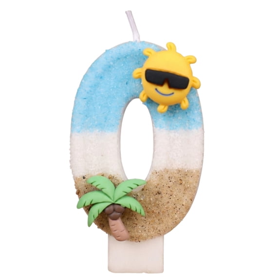 Birthday Candle Number Island Style Blue White Brown with Sun and Tree Cartoon Creative Party Cake Topper Decoration, Tropical Numeric Candle for Celebration, Paradise Themed Cake Decor