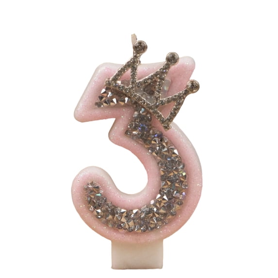 Birthday Candle Number Pink Glitter with Crown Cartoon Creative Party Cake Topper Decoration, Princess Numeric Candle for Celebration, Sparkling Birthday Cake Decor