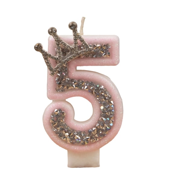 Birthday Candle Number Pink Glitter with Crown Cartoon Creative Party Cake Topper Decoration, Princess Numeric Candle for Celebration, Sparkling Birthday Cake Decor