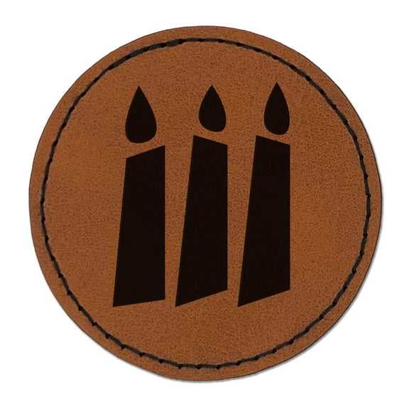 Birthday Candle Trio Solid 2.5" Faux Leather Round Engraved Iron-On Patch - Brown