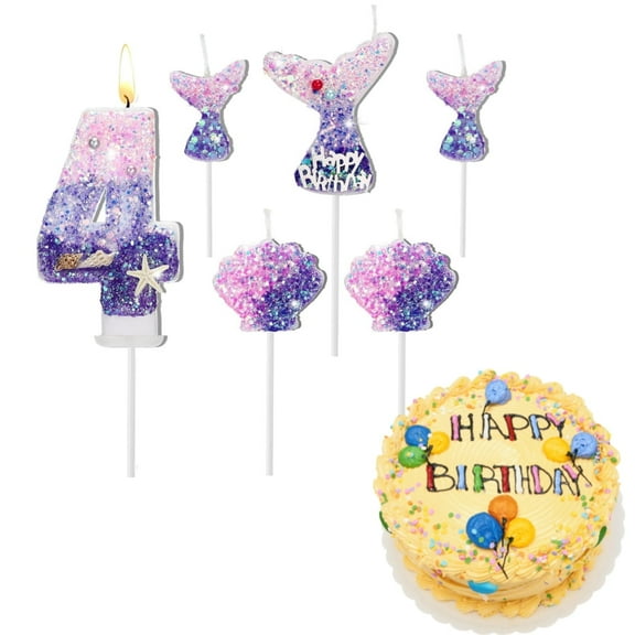 Birthday Candles, 2.8" Mermaid Theme Birthday Cake Decorations, Happy Birthday Candles for Cake, Gradient Purple Numeral Candle Mermaid Cake Topper Birthday Party Favors Decorations (Number 4)