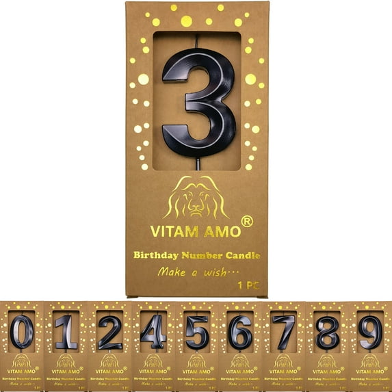 Birthday Candles Black Color 3D Style Birthday Cake Toppers Large Size Cake Candles with Eyecatching Metallic Luster for Birthday, Party, Wedding Decorations Number 3