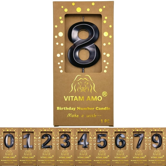 Birthday Candles Black Color 3D Style Birthday Cake Toppers Large Size Cake Candles with Eyecatching Metallic Luster for Birthday, Party, Wedding Decorations Number 8