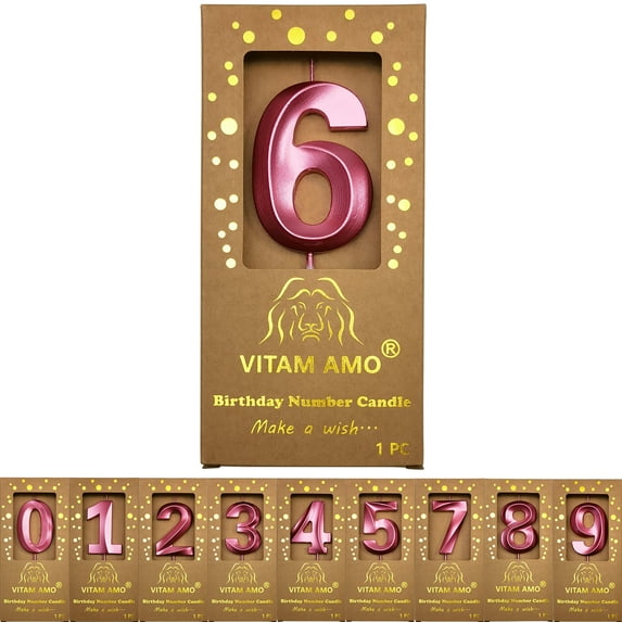 VITAM AMO 3D Burgundy Number, Birthday Candles, 6 Count