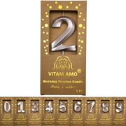 VITAM AMO Birthday Candles Champagne Color 3D Style Birthday Cake Toppers Large Size Cake Candles with Eyecatching Metallic Luster for Birthday, Party, Wedding Decorations Number 2