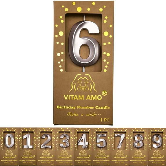 Birthday Candles Champagne Color 3D Style Birthday Cake Toppers Large Size Cake Candles with Eyecatching Metallic Luster for Birthday, Party, Wedding Decorations Number 6