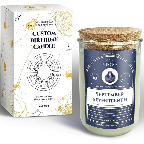 Birthday Candles - Custom Birthdate Astrological Zodiac Scented Candles. Astrology Gifts. All Natural Soy Wax. 75+ Hour Burn Time. Made in USA - September 17