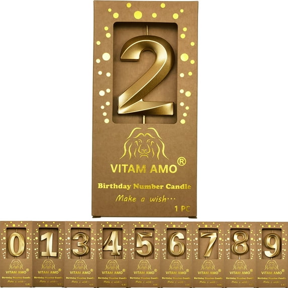Birthday Candles Elegant Gold Color 3D Style Birthday Cake Toppers Large Size Cake Candles with Eyecatching Metallic Luster for Birthday, Party, Wedding Decorations Number 2