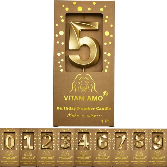 VITAM AMO Elegant Gold Number 5 Birthday Candle, 6' High, 3D Style