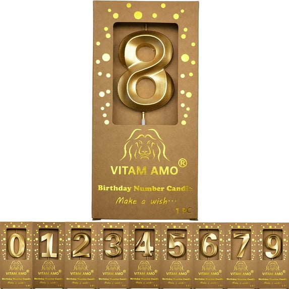 Birthday Candles Elegant Gold Color 3D Style Birthday Cake Toppers Large Size Cake Candles with Eyecatching Metallic Luster for Birthday, Party, Wedding Decorations Number 8
