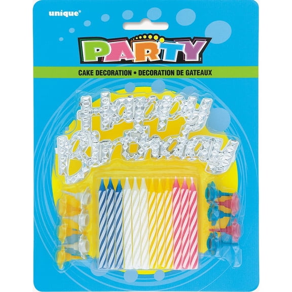 Assorted Striped Birthday Candles with Holders & Happy Birthday Cake Decoration, 25pc