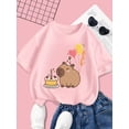 thumbnail image 1 of Birthday Capybara Print T-Shirt for Girls, Casual Crew Neck T-Shirt, Cotton, Slight Stretch, Cartoon Pattern, Summer, Knit Top, Regular Fit, Knit Fabric, 1 of 5