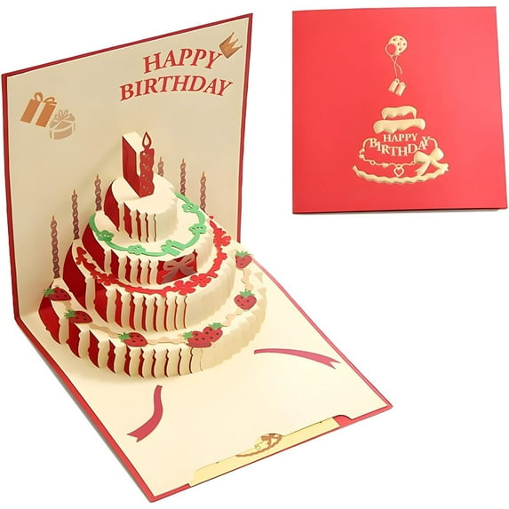 Birthday Card 3D Ins Style Three-Dimensional Happy Birthday Card with Cake Design, Greeting Postcards Perfect for Birthday Celebrations Perfect for Friend, Wife, Husband,Children(Red)