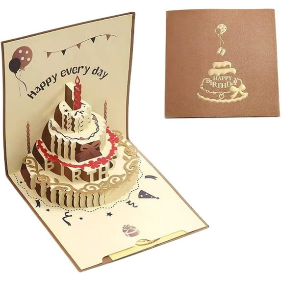 Birthday Card 3D Ins Style Three-Dimensional Happy Birthday Card with Cake Design, Greeting Postcards Perfect for Birthday Celebrations Perfect for Friend, Wife, Husband,Children(Brown)