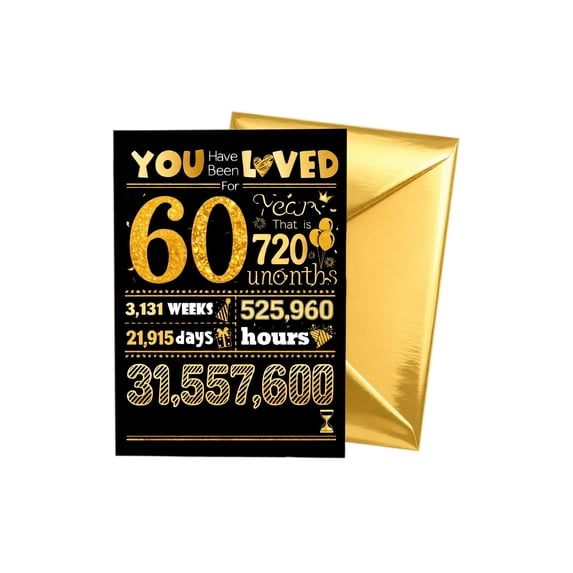 Birthday Card 60th Birthday Black Gold Single Pack Milestone Birthday Greeting Card for Men Women Year Old Birthday Celebration Party Gift Keepsake with Gold Envelope