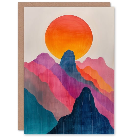 Birthday Card Colourful Abstract Boho Alps Mountain Range Sunset Blank Arty Art All Occasion Greeting Card