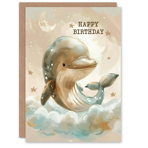 Birthday Card Cute Baby Dolphin Soft Clouds Stars For Son Daughter Girl Boy Kids Happy Card