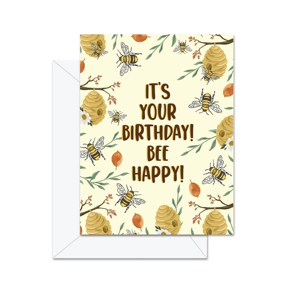 Birthday Card Featuring Bees and Honeycomb  "It's Your Birthday! Bee Happy!"  Beautiful Floral Design  Envelope Included  Perfect for Celebrating Birthdays