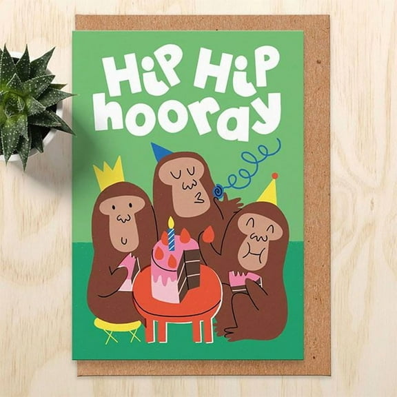 Birthday Card with Fun Monkey Design  "Hip Hip Hooray" Celebration Theme  Includes Envelope, Blank Inside  Perfect for Kids Birthdays and Celebrations