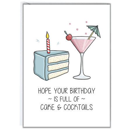 Birthday Card – "Hope Your Birthday is Full of Cake & Cocktails" – Fun Design with Cake and Cocktail Illustrations – Perfect for Friends and Family Celebrations