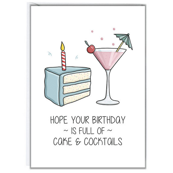 Birthday Card – "Hope Your Birthday is Full of Cake & Cocktails" – Fun Design with Cake and Cocktail Illustrations – Perfect for Friends and Family Celebrations