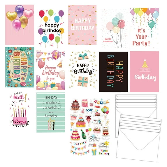 Birthday Card Set with Envelopes, Handwritten Style Happy Birthday Greeting Cards for DIY Personalization, Bulk Pack of Assorted Designs for Parties and Gifts,A