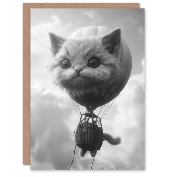 Birthday Card Surreal Cat Lover Air Balloon Travel Black White Blank Arty Art All Occasion Greeting Card