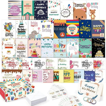 Birthday Cards, 80 Pack 40 Designs Feela Happy Birthday Card Assorted Bulk with 80 Blank Envelopes 84 Pieces of Stickers 3 Washi Tapes, 4 X 6 Inches Greeting Cards (40 Pack X2)
