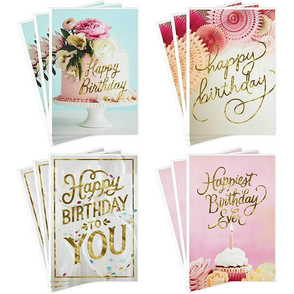 Birthday Cards Assortment, Balloons, Cake, Flowers (12 with Envelopes)